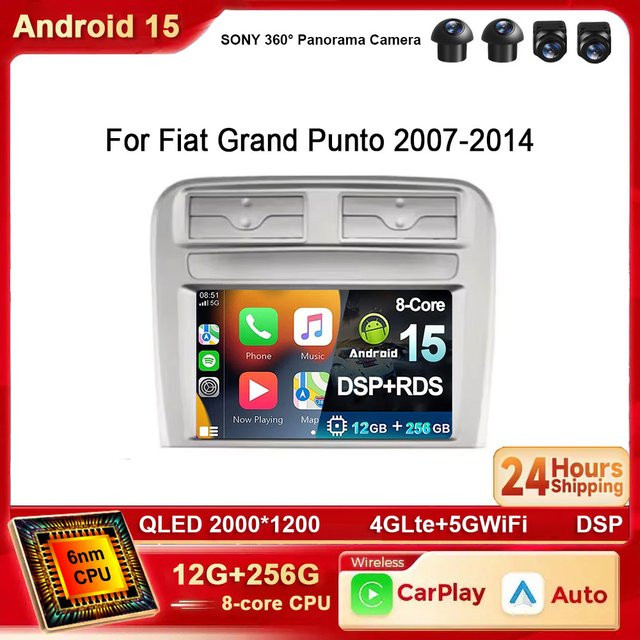 TIEYEZ Android 15 2K QLED Multimedia Autoradio mit GPS und 4G für Fiat Grand Punto 2007-2014 in Schwarz mit Carplay Touchscreen - Bild 1