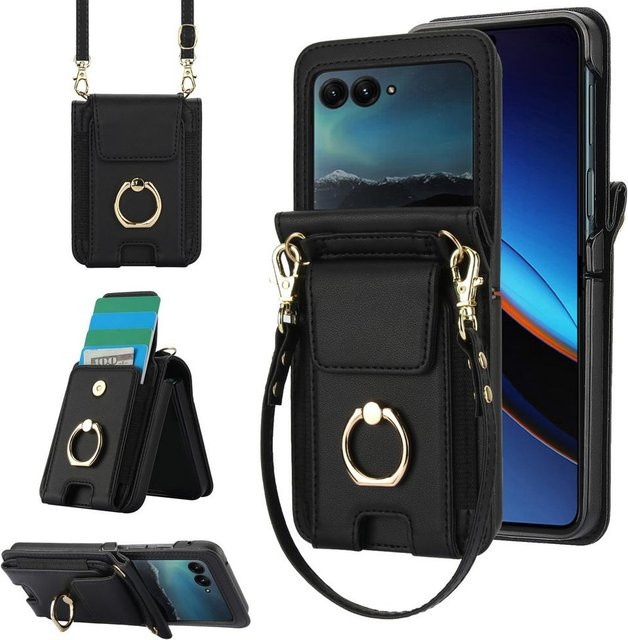 Elastischer Kartenhalter mit Schnallenring und Lanyard Kette als Geldbörse Hülle für Motorola Razr 60 Ultra, Razr 50 Ultra, Razr 40 Ultra und Razr+ 2024 in Schwarz - Bild 1