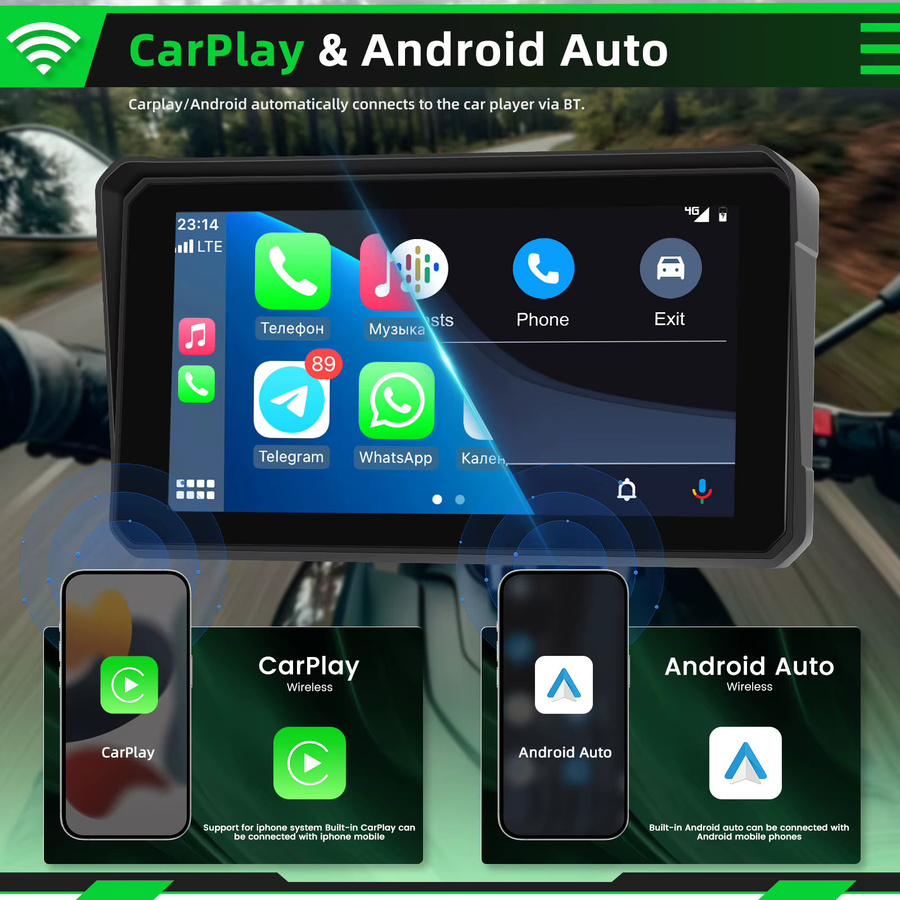 Podofo Carplay Motorrad-Monitor mit Android Auto und Airplay, IP68 wasserdicht, Farbe: Schwarz - Bild 2