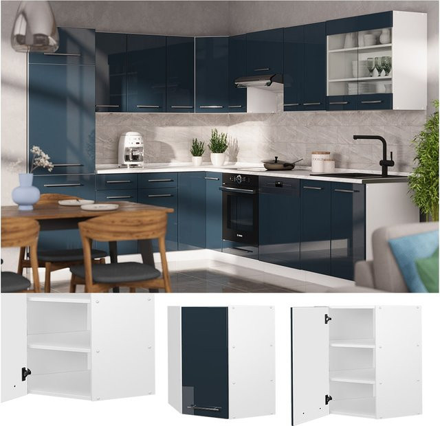 Vicco Eckhängeschrank Fame-Line Küchen-Eckschrank in Weiß und Dunkelblau Hochglanz mit Soft-Close-Scharnieren, Breite: 57 cm, Höhe: 34,1 cm, Tiefe: 24,12 cm - Bild 1