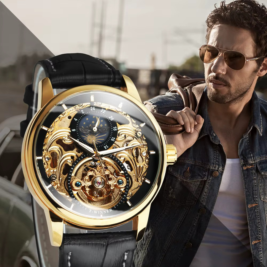 T-WINNER Armbanduhr, Tourbillon, Automatik, Gold, Lederarmband, Herren - Bild 4
