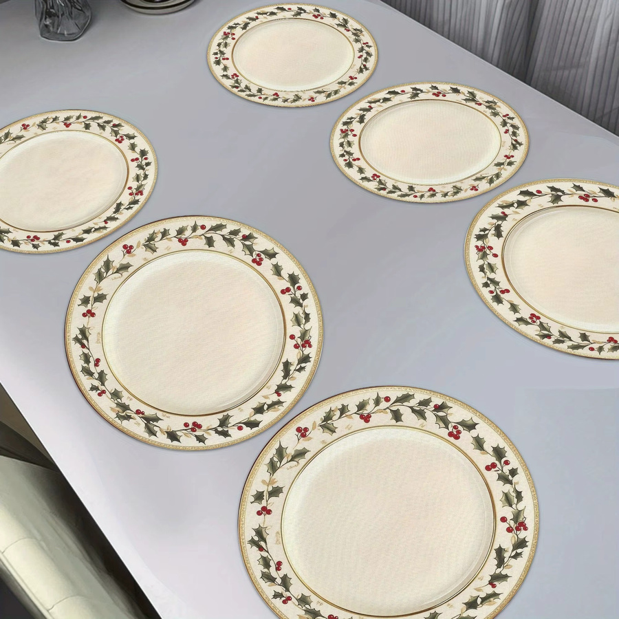 VIKAMA 6er Set Weihnachts-Tischsets mit Holly Berry Motiv, grün und rot, rund, Durchmesser: 38 cm - Bild 1