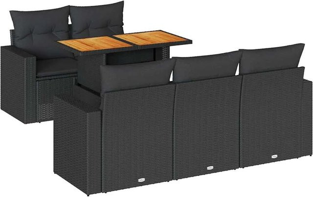vidaXL 6-teilige Garten-Sofagarnitur aus Poly-Rattan und Akazienholz in Schwarz mit Kissen - Bild 1
