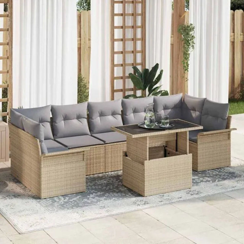 Vidaxl Garten-Sofa-Set aus Poly-Rattan mit Kissen und integriertem Stauraum, 8-teilig, Beige - Bild 1