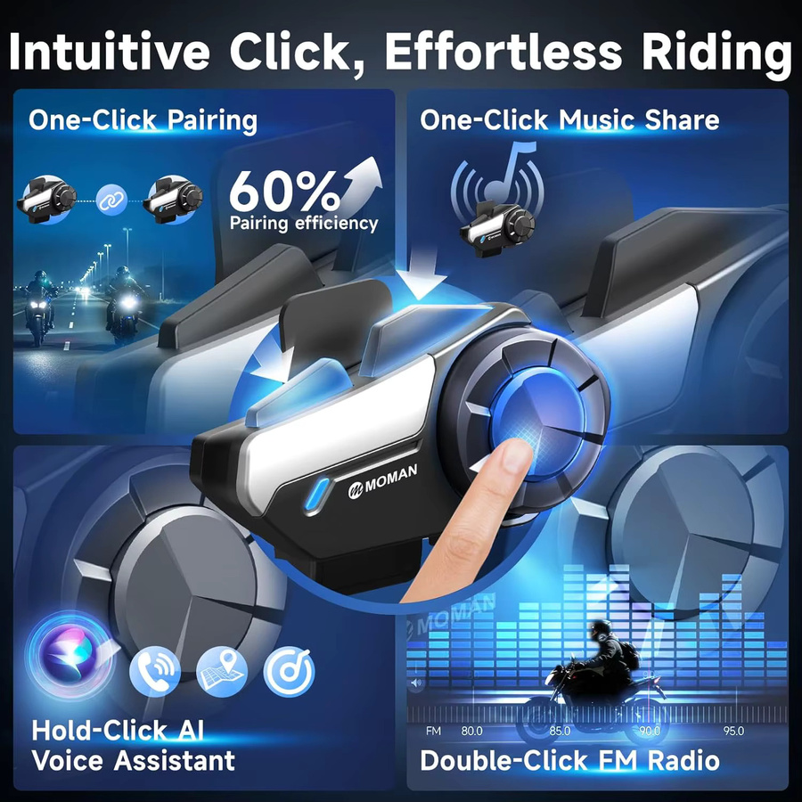 Moman Motorrad-Intercom-System H2S Bluetooth Helm-Headset mit Musikfreigabe in Schwarz - Bild 4