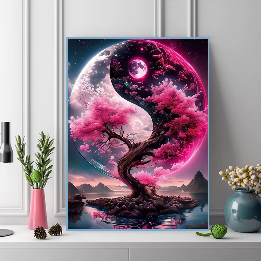 Momoart DIY Diamantmosaik Set Baum Landschaft mit Mond, Acryl Handwerk für Erwachsene, Pink - Bild 3