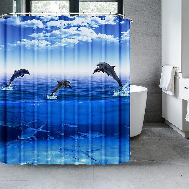 VIKAMA Delphin Duschvorhang in Blau mit Unterwasserwelt-Motiv für Kinder, Höhe: 180 cm, Breite: 90 cm - Bild 1