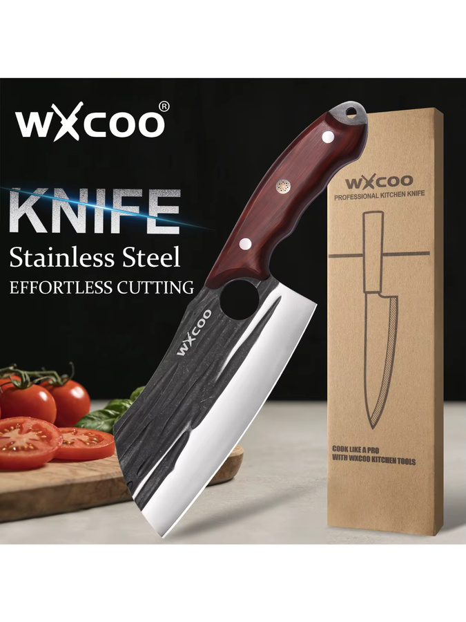 WXCOO Geschmiedetes Fleischbeil aus Edelstahl in Silber mit Holzgriff als Allzweck-Küchenmesser zum Schneiden und Kochen - Bild 6