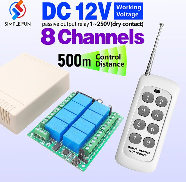 SLMPLEFUN Universeller drahtloser RF 433 MHz 8 Kanal Relaisempfänger mit 500 m Sender in Weiß, DC 12 V 10 A für Garagentor-Motoren und Lampen - Bild 1