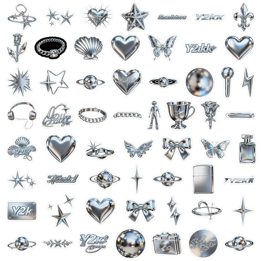58 Stück Y2K 3D-Metallic-Aufkleber in Silber und Multicolour für dein Tagebuch und DIY-Bastelprojekte von AnimeWorlds Store - Bild 2