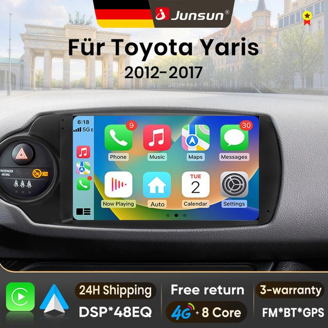 Junsun Android Autoradio für Toyota Yaris 2012-2017 mit 9 Zoll IPS-Touchscreen, kabelloses Apple CarPlay, Stereo-Multimedia-Videoplayer und intelligente Fahrzeugsysteme in Schwarz - Bild 1