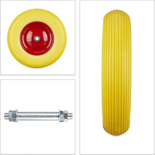 Relaxdays Pannensicheres Schubkarrenrad aus Gelbem PU-Gummi mit Achse und Stahl, Durchmesser: 39 cm, Breite: 9 cm - Bild 1