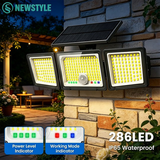 Solar-Außenleuchten mit 286 LED und Bewegungssensor, IP65 wasserdichte Solar-Sicherheitsflutlichter für den Garten, 3-Kopf-Design in Schwarz und Weiß - Bild 1