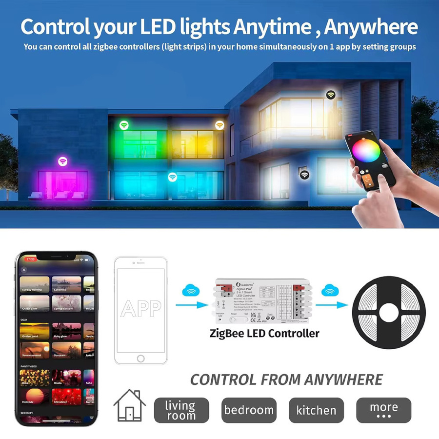 CENFAYA Intelligenter ZigBee 3.0 LED-Controller 5-in-1 für RGBWW RGBW RGB CCT COB LED-Streifen, 12V 24V 20A, kompatibel mit Alexa - Bild 5