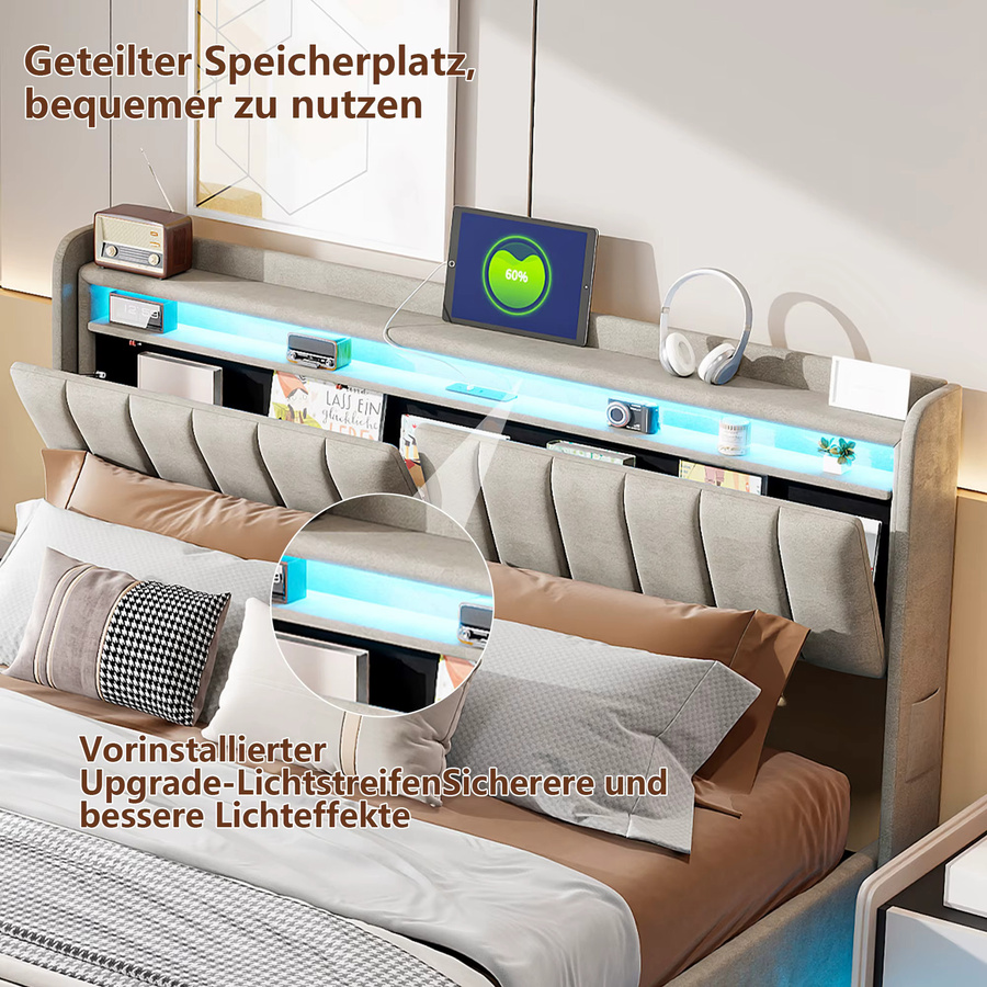Polsterbett Comanlai aus grauem Samt mit Knopfheft-Kopfteil, hydraulischem Bettkasten und Lattenrost, B/T/H: 90 x 200 cm - Bild 4