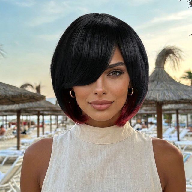 MAISI Bob-Perücke mit Pony, synthetisch, glatt, dunkle Wurzeln, Damen - Bild 1
