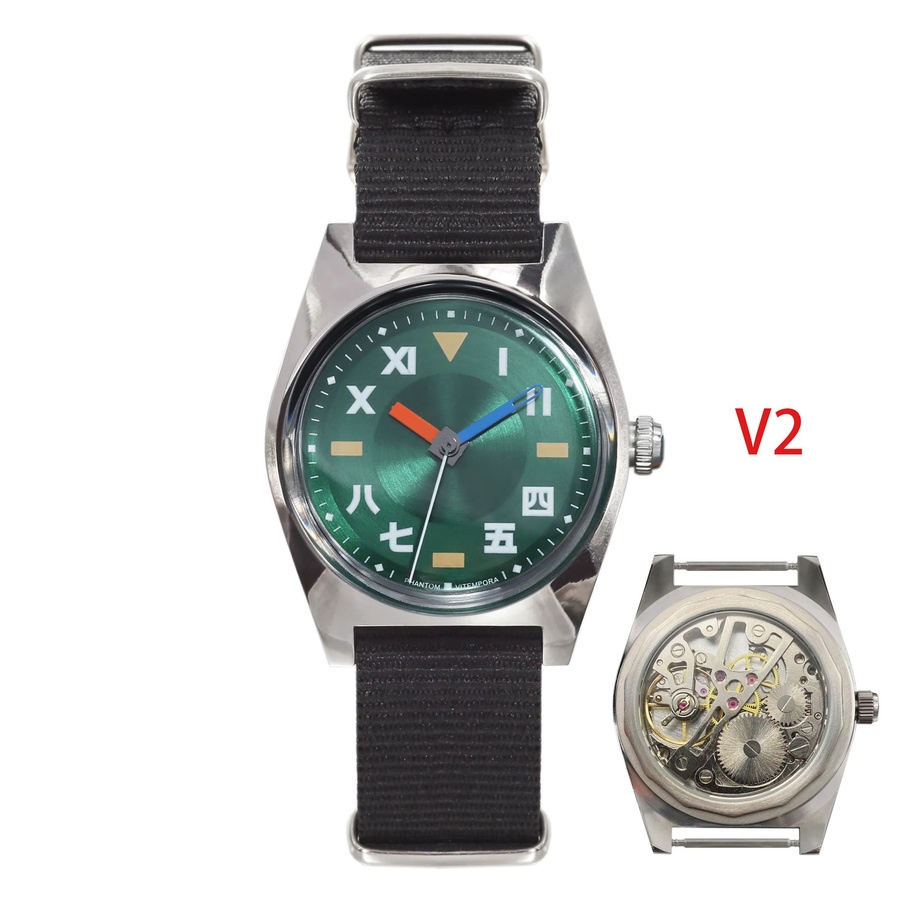 PHANTOM Armbanduhr, Handaufzug, Edelstahl, 36 mm, Textil/NATO, Grün, Unisex - Bild 5