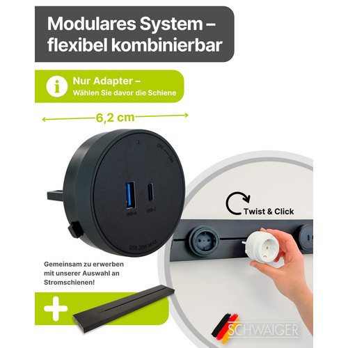Schwaiger USB-Steckdosenadapter Powerrail für modulare Stromschienen mit 1x USB-C und 1x USB-A in Schwarz - Bild 3