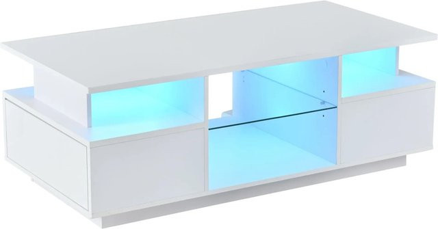 okwish Couchtisch mit LED-Schubladen und Glas-Trennwand in Weiß Hochglanz, B/T/H: 100 x 50 x 36 cm - Bild 1