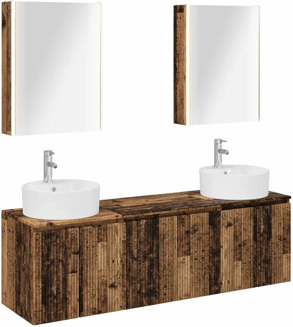 vidaXL Badezimmerschrank-Set in Braun mit Waschtischunterschrank, Wandunterschrank und Spiegelschrank inklusive LED-Beleuchtung aus Holzwerkstoff - Bild 1