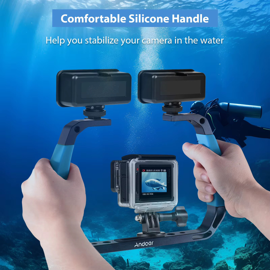Andoer Sportkamera Unterwasser-Handstabilisator in Schwarz für Action-Kamera-Käfig mit Kaltschuhhalterungen und Handschlaufe - Bild 5