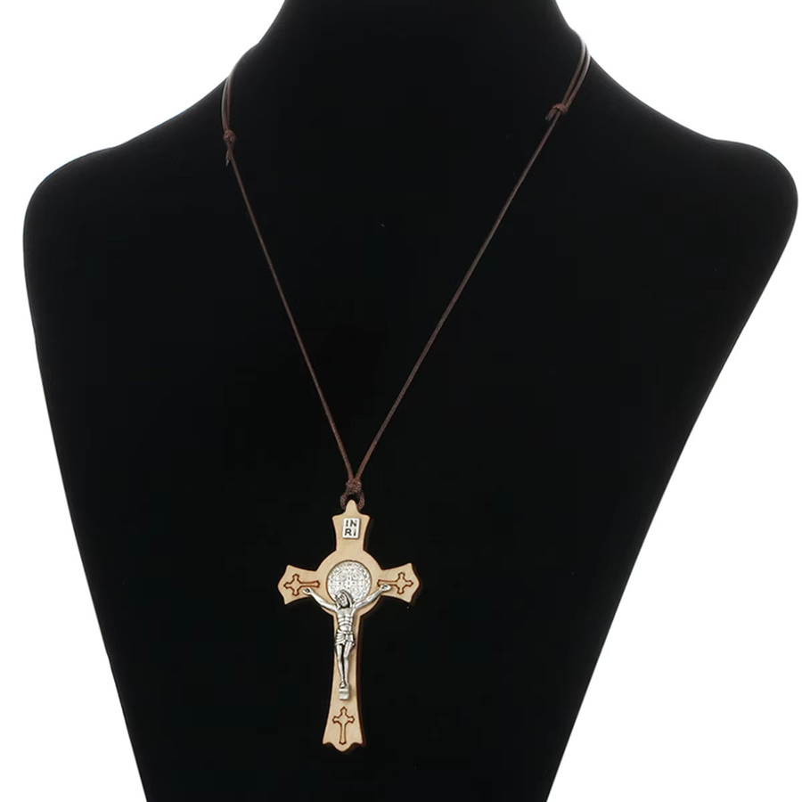diyalo Anhänger Halskette, Saint Benedict Kruzifix, Holz, Silber, Unisex - Bild 2