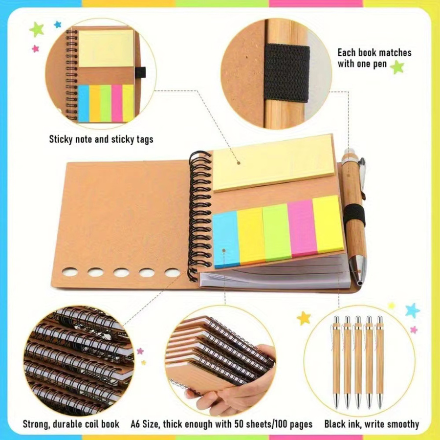 Inspirierendes Spiral-Notizbuch Set mit Haftnotizblöcken und Stift, braunes Hardcover, A6, liniertes Papier - Bild 3