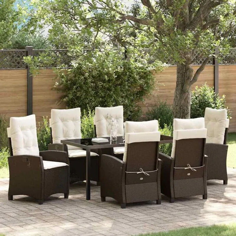 Modernes Gartenmöbel-Set aus Polyrattan und Glas in Braun von vidaXL, 7-teilige Essgruppe mit Polstern - Bild 1