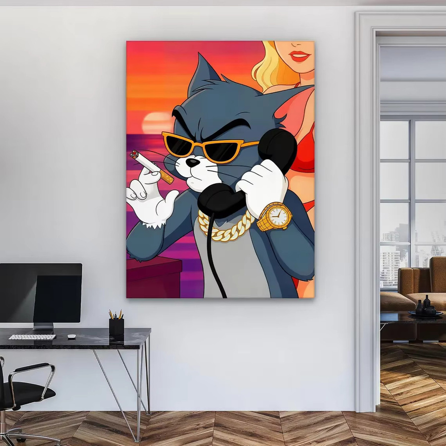 Cool Cat Business Art Digital Download Retro Sonnenuntergang Cartoon Poster Lustige Katze Wandkunst Mehrfarbig - Bild 3