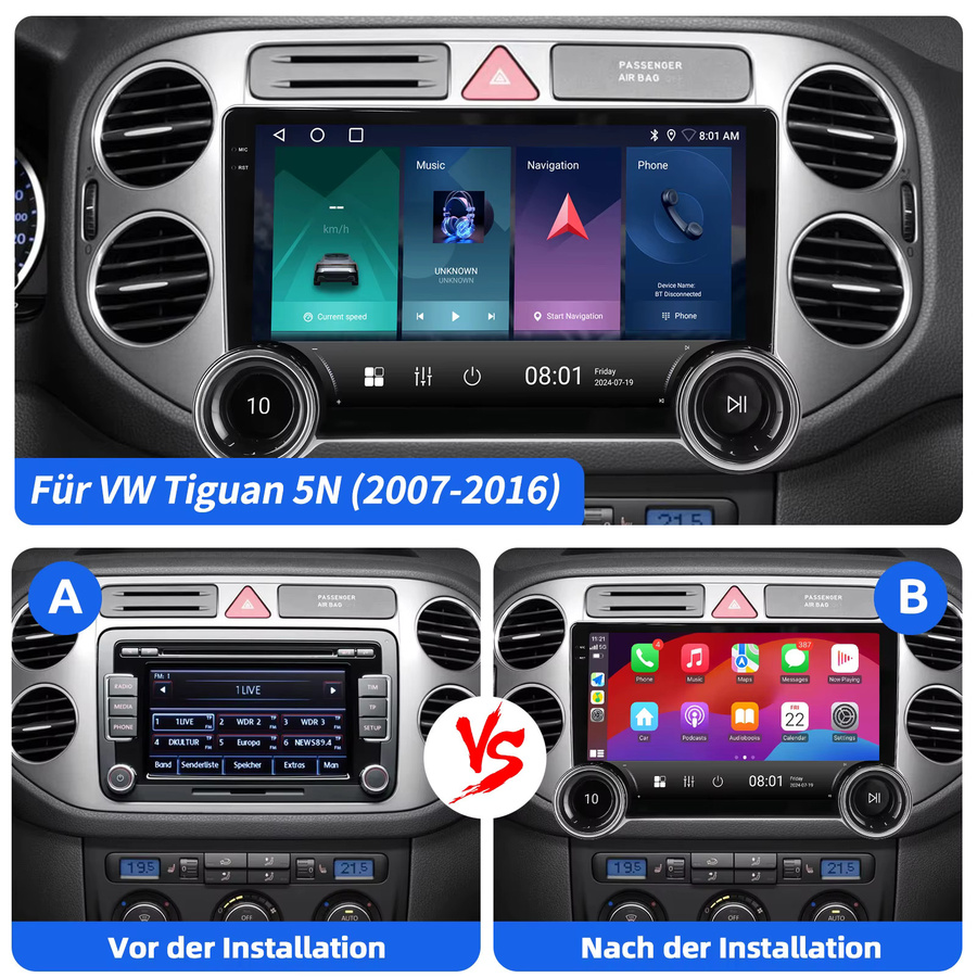 ESSGOO Android 15 Autoradio mit 9 Zoll Touchscreen für VW Tiguan 5N und Golf Plus, 6+128GB Speicher, Wireless CarPlay, Android Auto, Bluetooth, GPS, WIFI und Lenkradsteuerung, Schwarz - Bild 2