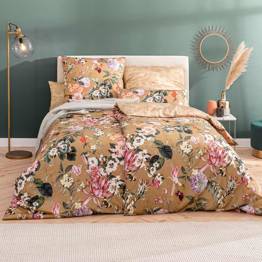 Estella Mako-Satin Bettwäsche Fiore messing Rosen Blüten Wende, Farbe: Gold, B/H: 155 x 220 cm, Kissen: 80 x 80 cm - Bild 1