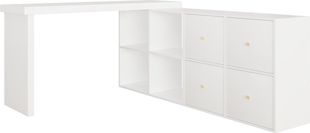 Svintora 360° Drehbarer Eckschreibtisch aus MDF in Weiß mit 4 Schubladen und 4 offenen Fächern für dein Home-Office - Bild 1