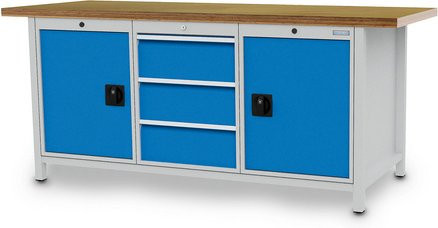 Bedrunka + Hirth Kastenwerkbank aus Stahlblech und Holz, grau und blau, B/H/T: 200 x 85,9 x 75 cm - Bild 1