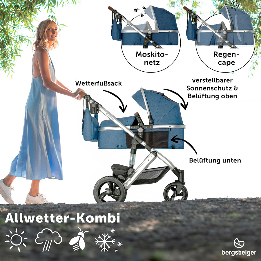 Bergsteiger Kinderwagen Nizza 2in1 Kombikinderwagen mit Sportsitz und Babywanne in Blau - Bild 3