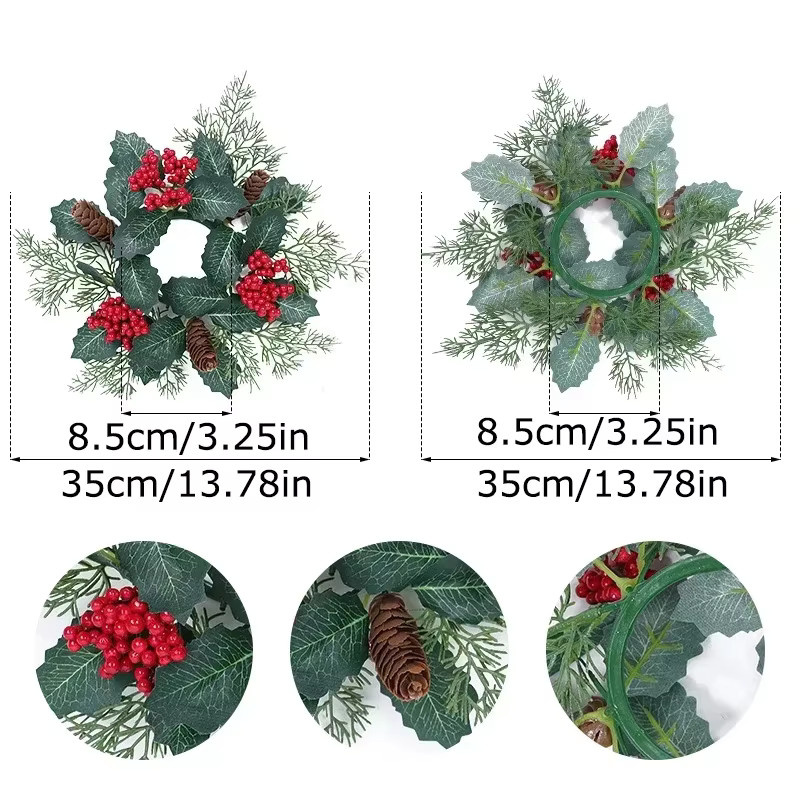 Uflower Klassischer Kerzenring in Rot mit künstlichen Tannenzapfen und Beeren zur Weihnachtsdekoration für Tisch und Hochzeit - Bild 2