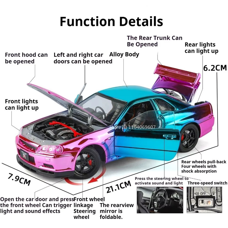 caipo GTR SKYLINE GTR-R34 Spielzeugauto, Modell, 1:24, Metall, Rad zurückziehen - Bild 2