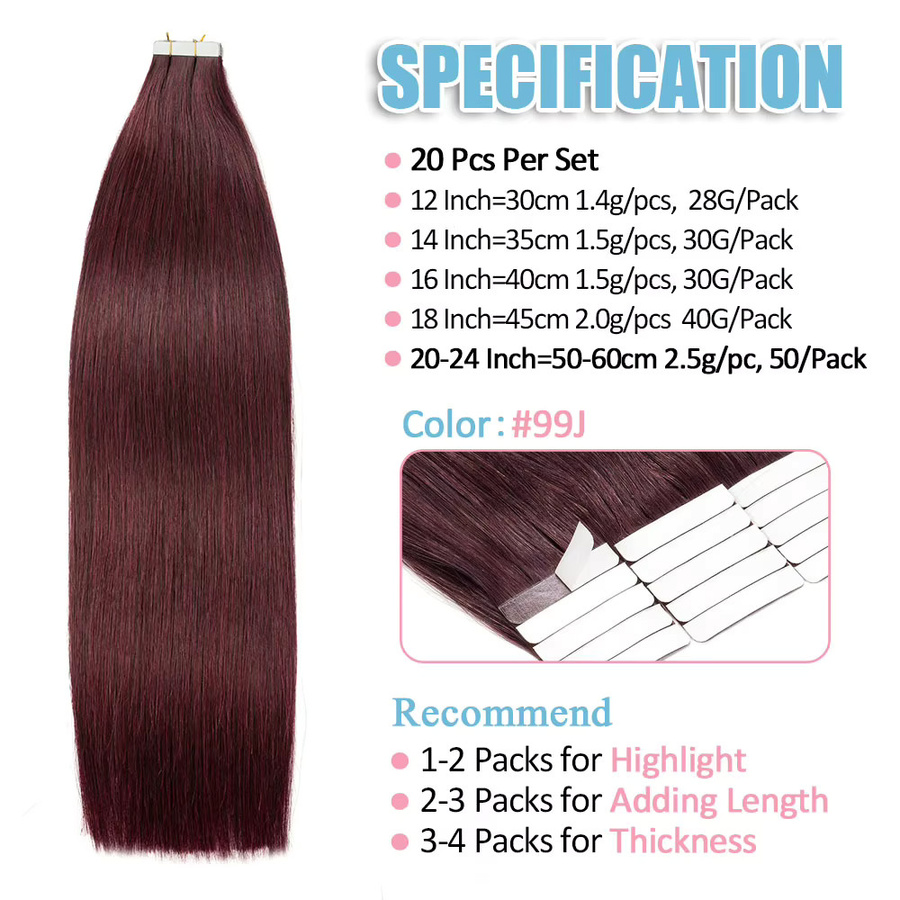 Soul Queen Tape-in-Extensions Echthaar, # 99J Burgund, Straight - Bild 2