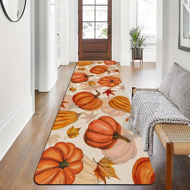 Langer Teppich mit Kürbisdruck in Orange, strapazierfähiger Läufer für Flur und Küche, B/T: 240 x 60 cm - Bild 1