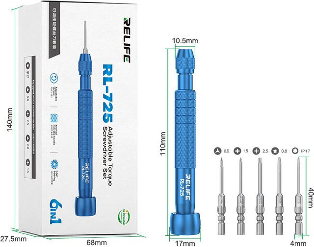 RELIFE RL-725 Einstellbarer Drehmomentschraubendreher-Satz aus Edelstahl in Blau mit magnetischen Bits für Reparaturarbeiten an IP17 und Android-Geräten - Bild 1