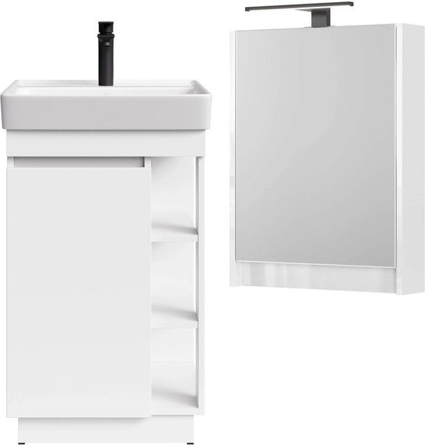 Planetmöbel Badmöbel Set NYX in Matt Weiß mit Waschbecken, LED Spiegelschrank und Armatur in Matt Schwarz, Breite: 50 cm - Bild 1