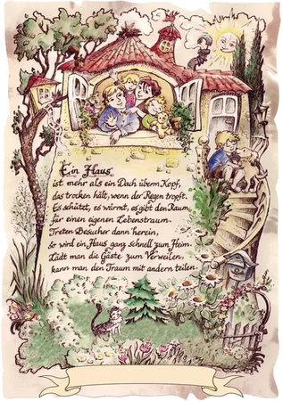 Vintage Kunstbild Haus auf Antikpapier von Tantum Graphic, Mehrfarbig, A4 Format