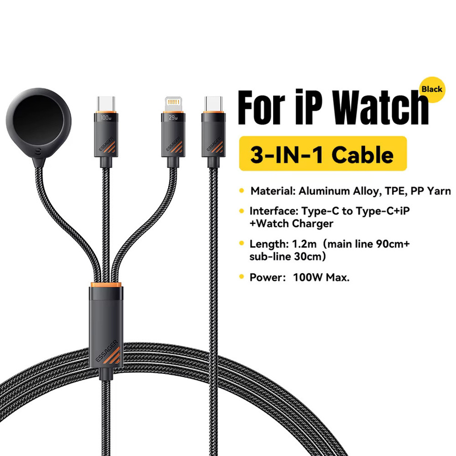Essager 3-in-1 USB-C Ladekabel mit magnetischer Aufladung für Apple iWatch und iPhone, 100 W, Schwarz - Bild 5