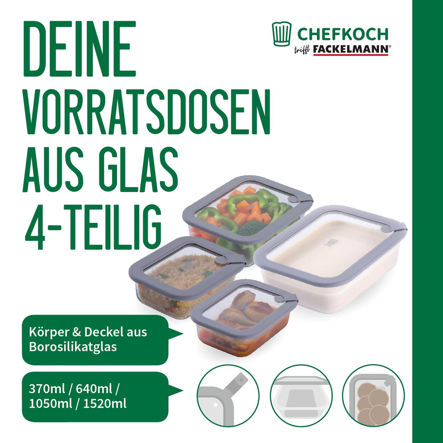 Fackelmann Chefkoch Vorratsgläser Set Alles aus Glas, 4-teilig, viereckig, transparent, luftdicht aus Glas und Silikon - Bild 3