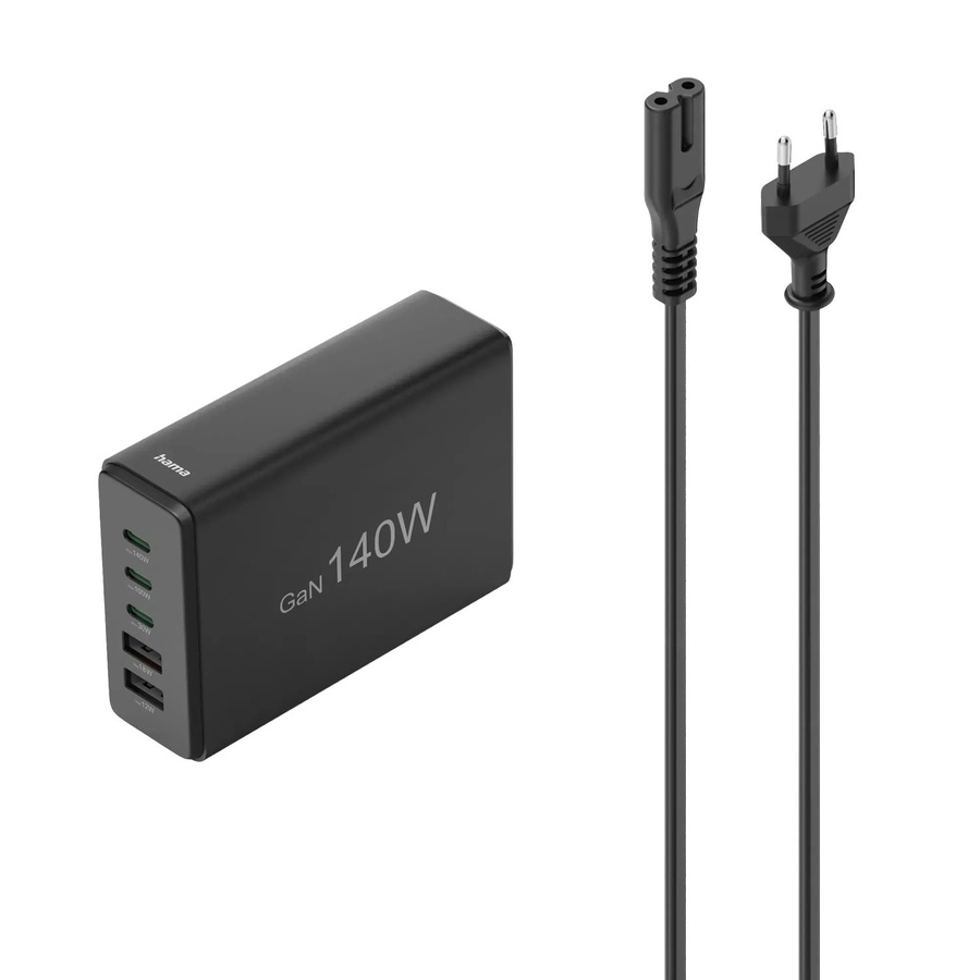 Hama USB-Ladestation GaN Schnellladegerät in Schwarz mit 5 Ports: 3 x USB-C und 2 x USB-A mit 140 W Leistung - Bild 1