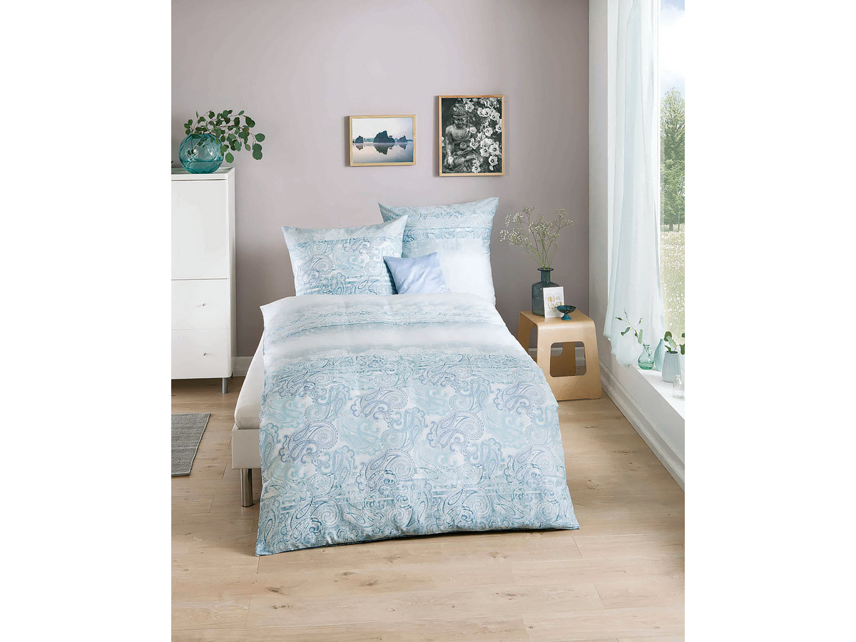Kerala 933 Bettwäsche-Set aus Mako-Satin mit floralem Design in Blau, B/H: 135 x 200 cm und 80 x 80 cm - Bild 1