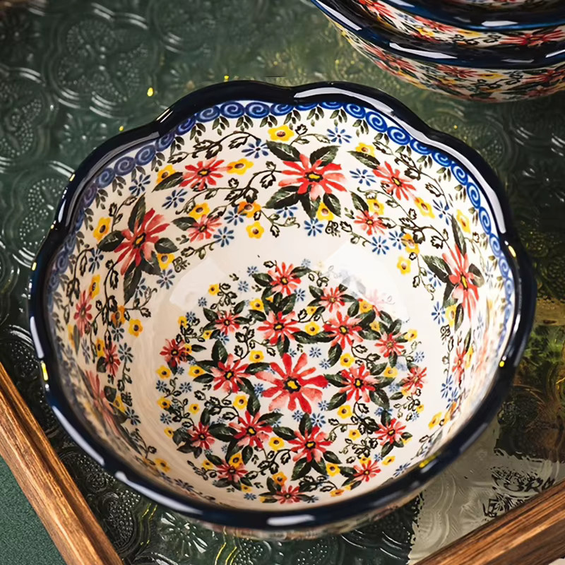 Daiso Keramikschalen im Töpferstil mit floralem Blumenmuster und wellenförmigen Kanten, Mehrfarbig - Bild 5