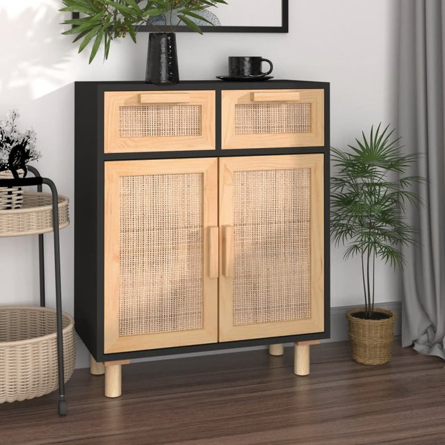 vidaXL Sideboard Schwarz aus Massivholz Kiefer und Natur-Rattan B/T/H: 60 x 30 x 75 cm - Bild 1