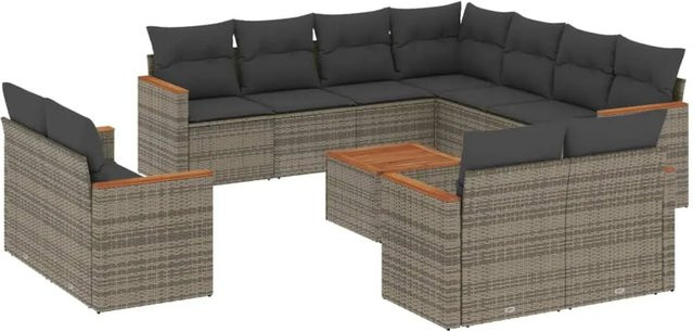 vidaXL 12-teilige Garten-Sofagarnitur aus Poly-Rattan und Akazienholz in Grau mit Kissen - Bild 1