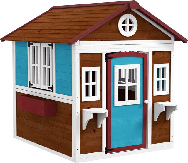Outsunny Kinderspielhaus aus Tannenholz für den Garten mit Fenster, Blumenregal und Pflanzenkasten, Dunkelbraun und Weiß - Bild 1