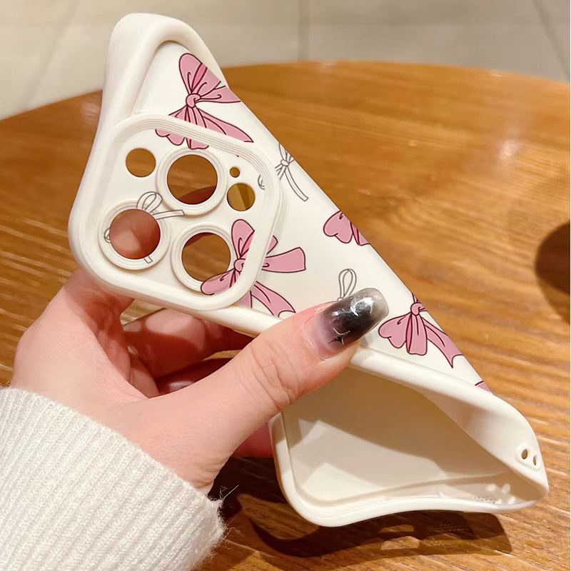 Handyhülle mit Rosa Schleife Print für Apple iPhone 12 bis 17 Pro Max aus Soft TPU Silikon in Pink, Beige und Weiß - Bild 3